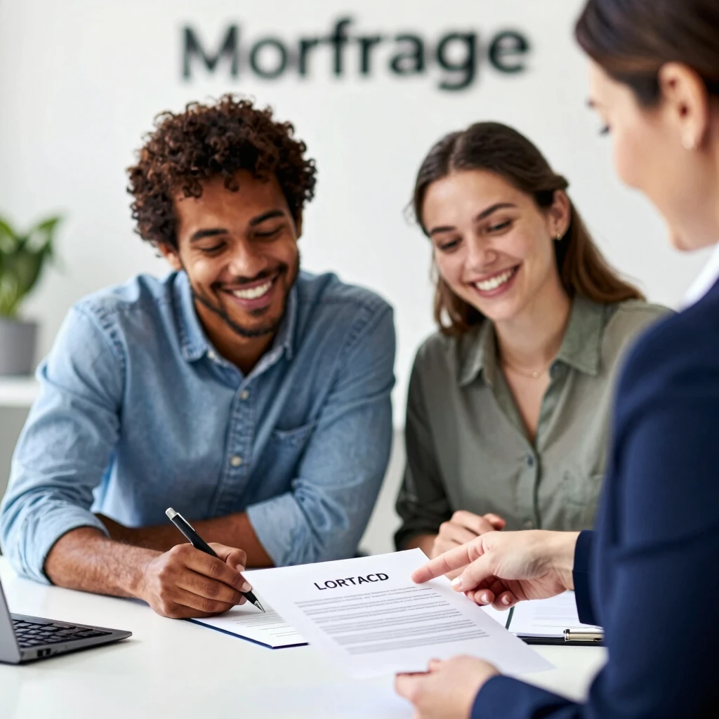 Happy young couple signing FHA loan documents with a mortgage lender in a modern office
