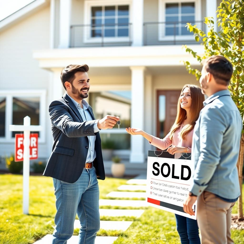 Real estate agent handing keys to a couple in front of a sold home