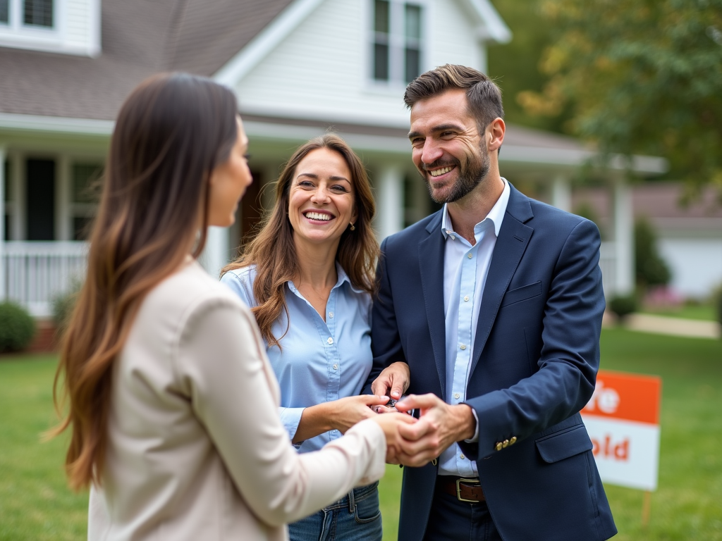 Real estate agent giving keys to first-time home buyers