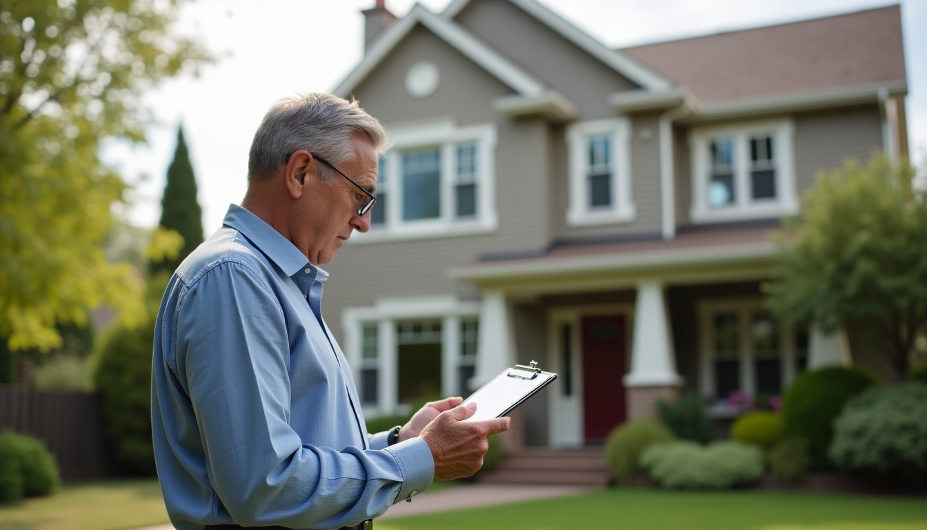 A professional appraiser inspecting a home's exterior, looking attentively at the details and writing notes on a clipboard.