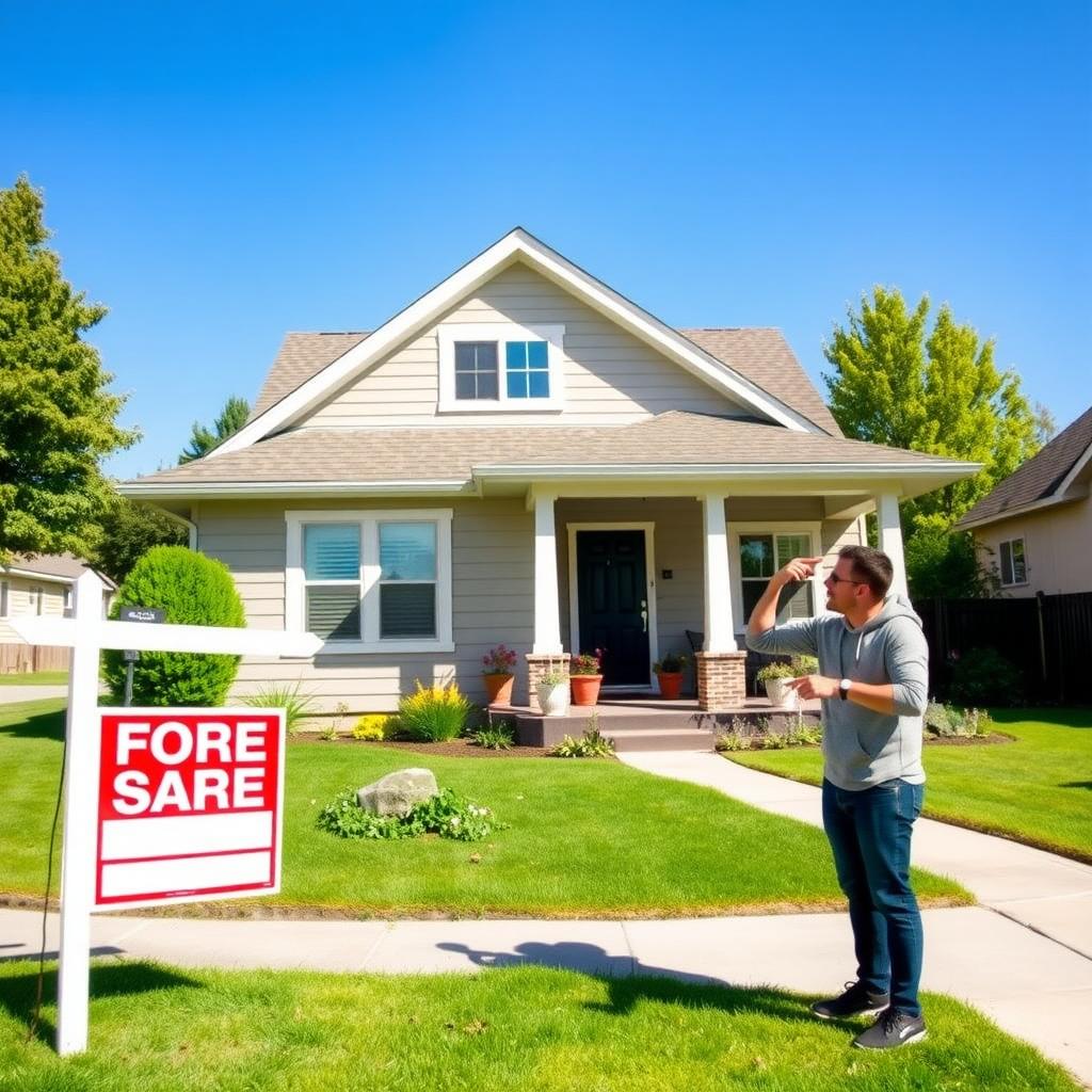 Cozy modern home with a ‘For Sale’ sign and a young couple standing on the sidewalk.