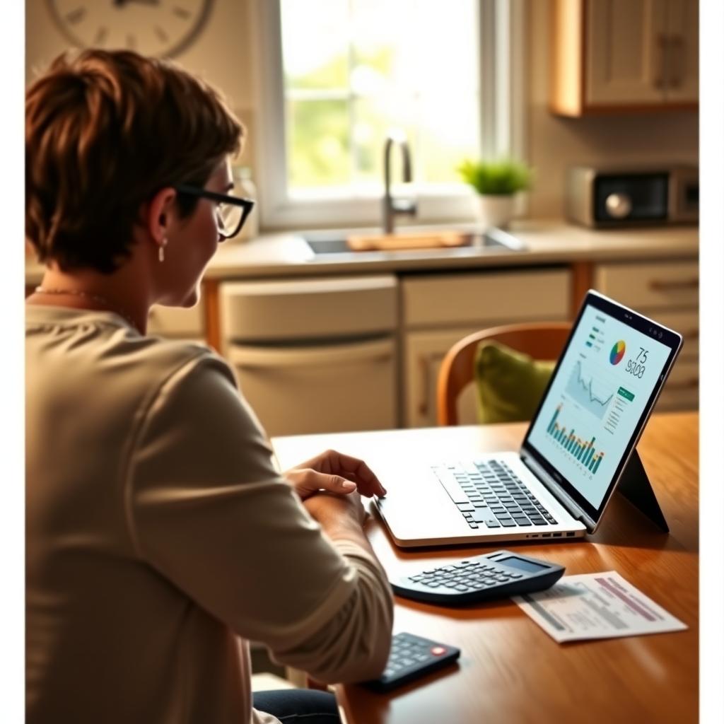 Person reviewing a credit report on a laptop at a kitchen table