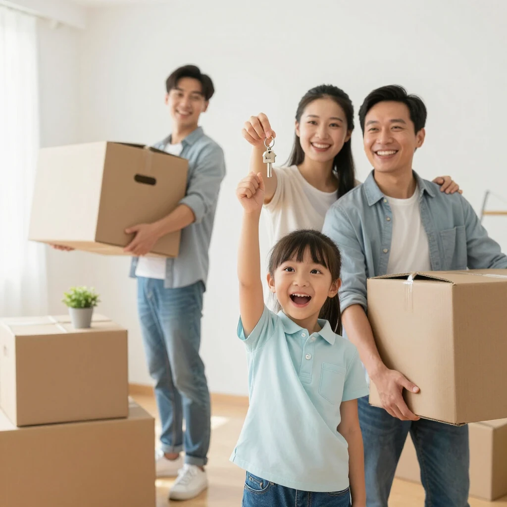 Happy family moving into their new home