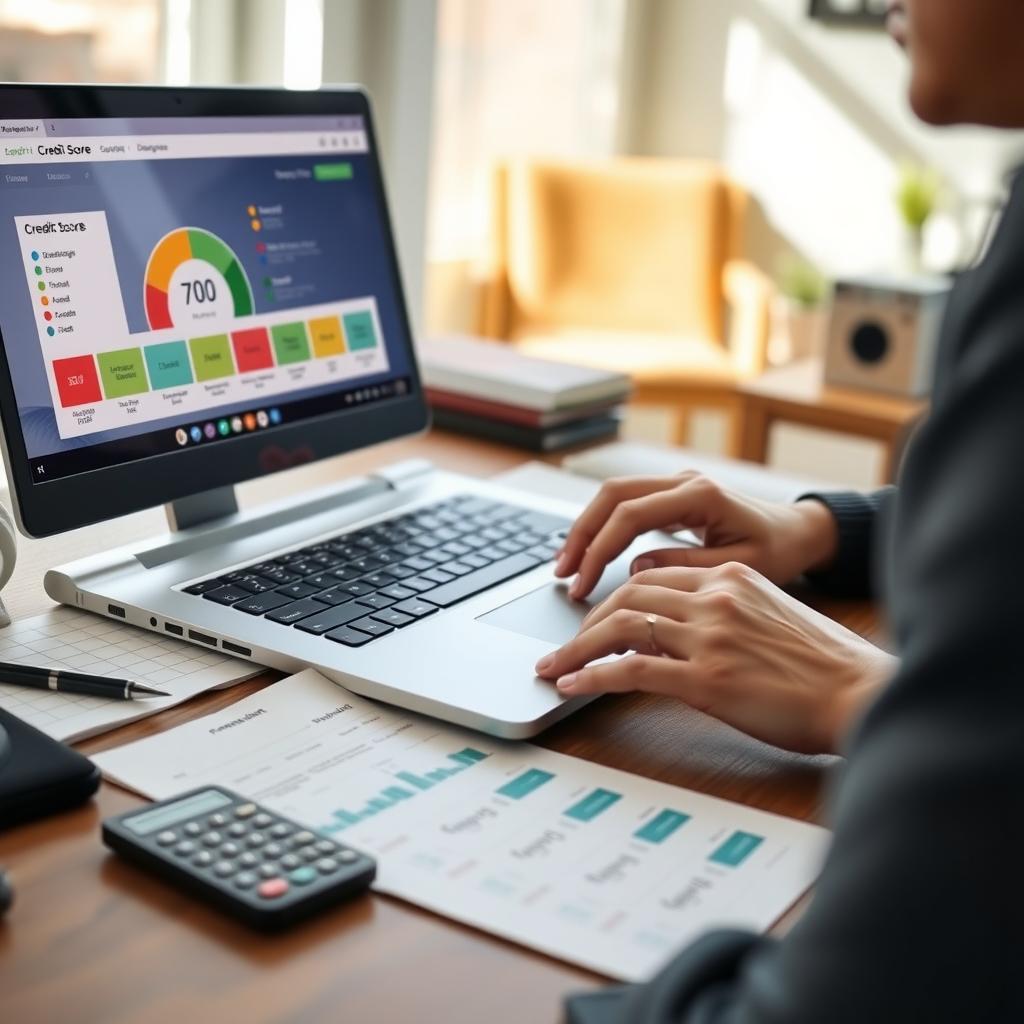 Person reviewing a credit score of 700 on a laptop in a cozy home office