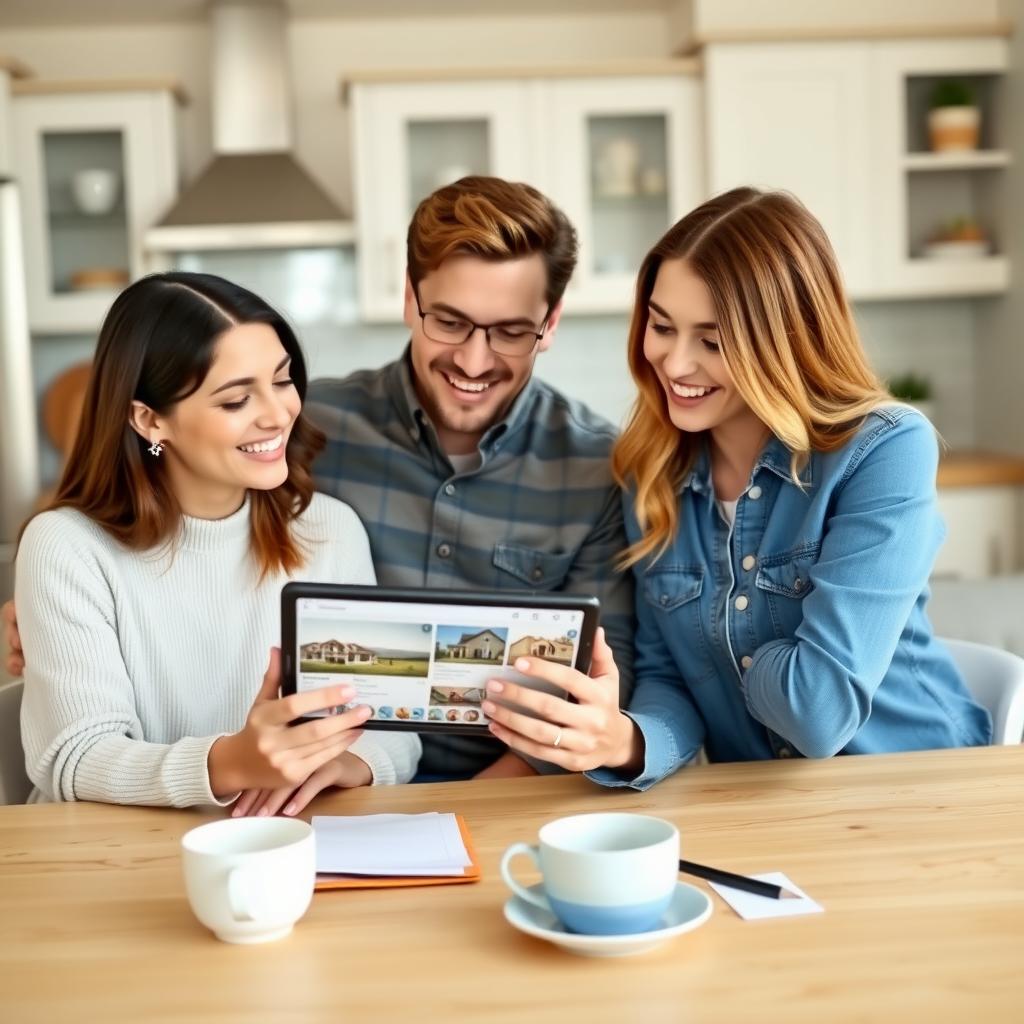 A couple and real estate agent reviewing home listings, illustrating the homebuying process with an FHA loan.