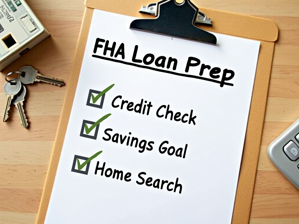 Clipboard with FHA loan checklist and house keys on table.