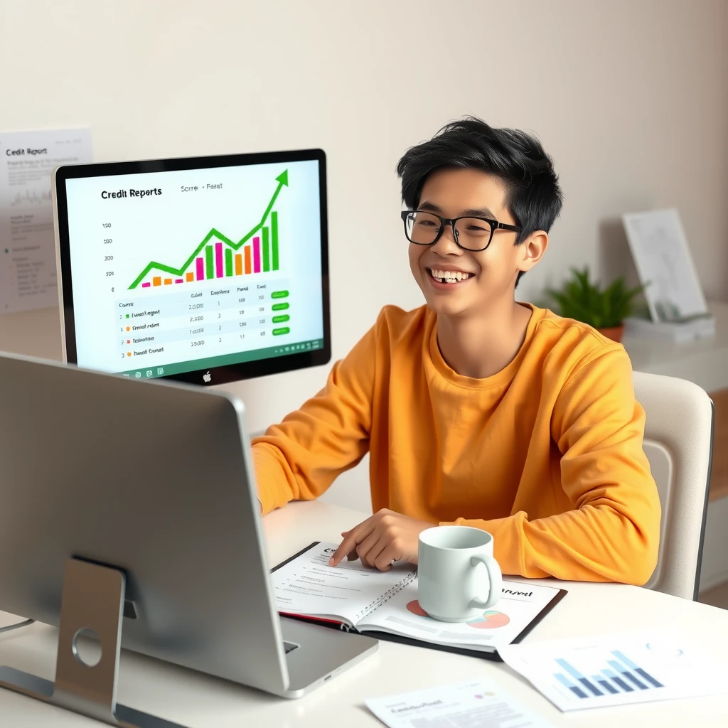 Person happily reviewing an improving credit score on computer