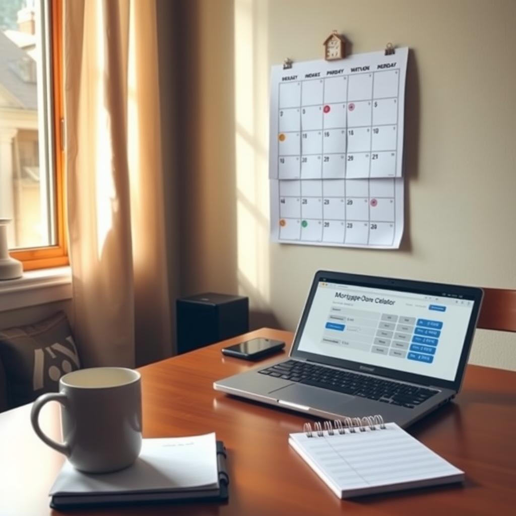 Cozy home office with a laptop displaying a mortgage calculator, a notepad, and a calendar.