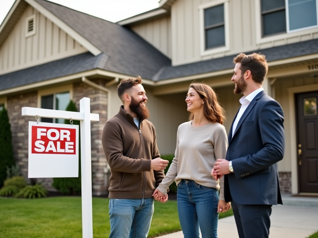 Couple with real estate agent viewing a house for sale
