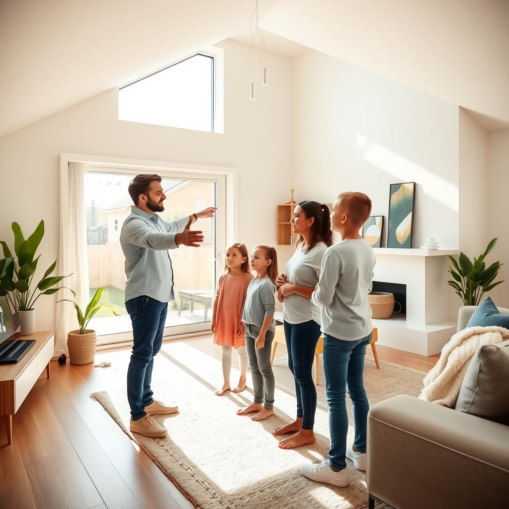Real estate agent showing a family a modern home
