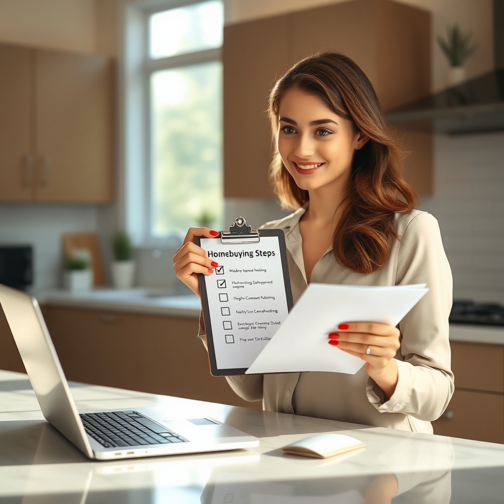 First-time homebuyer reviewing a homebuying checklist in her kitchen