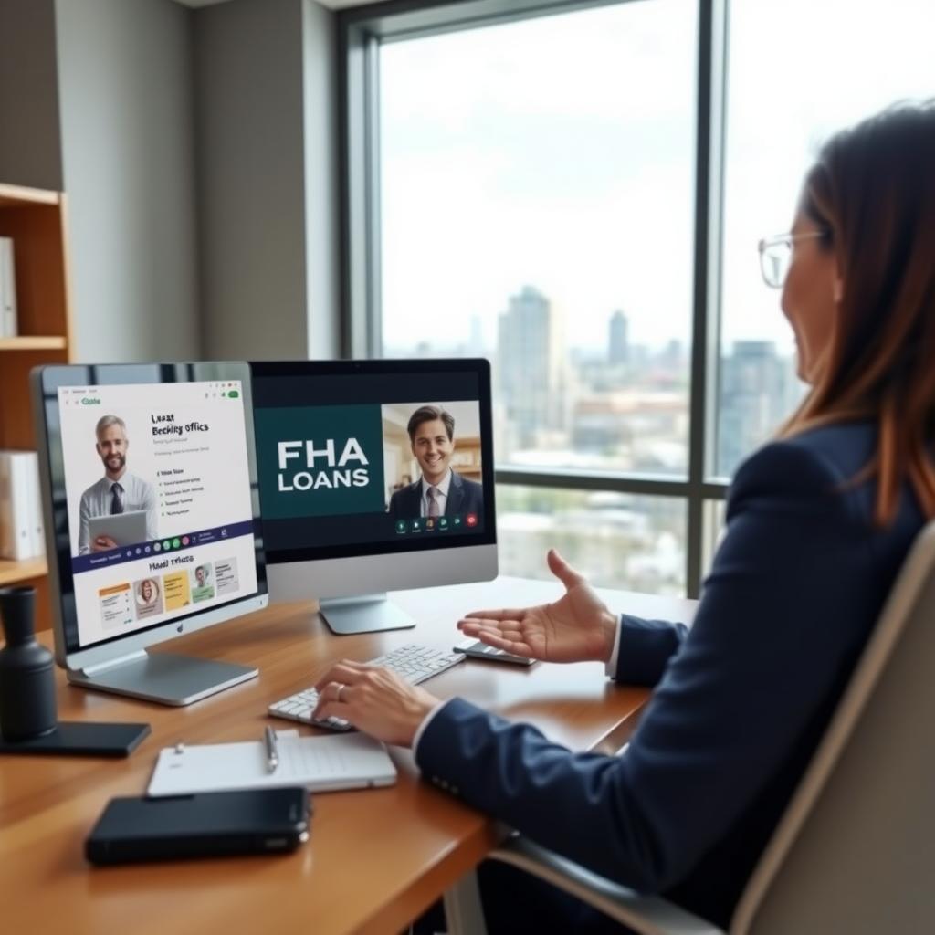 Loan officer discussing FHA loan details via video call in a modern office