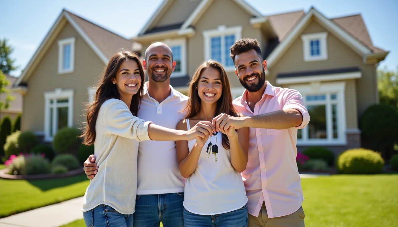 A family celebrating in front of their new home purchased with an FHA loan.