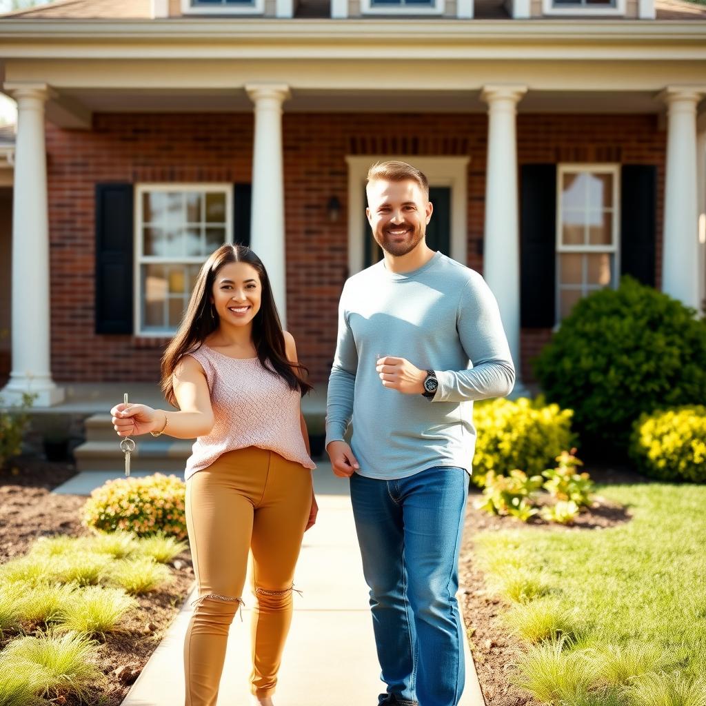 Happy couple with keys in front of their new FHA-financed home