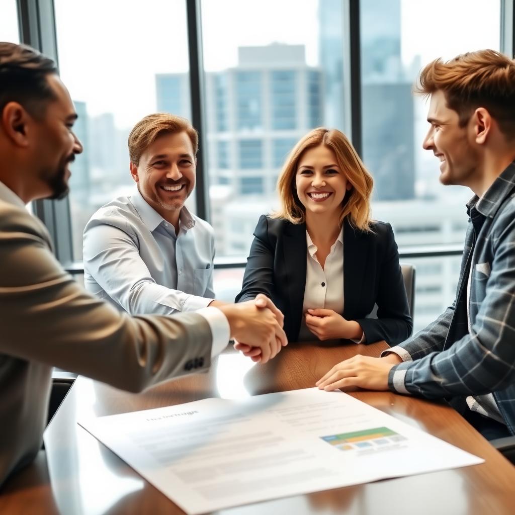 Mortgage broker shaking hands with a couple over a signed mortgage agreement in a professional office.