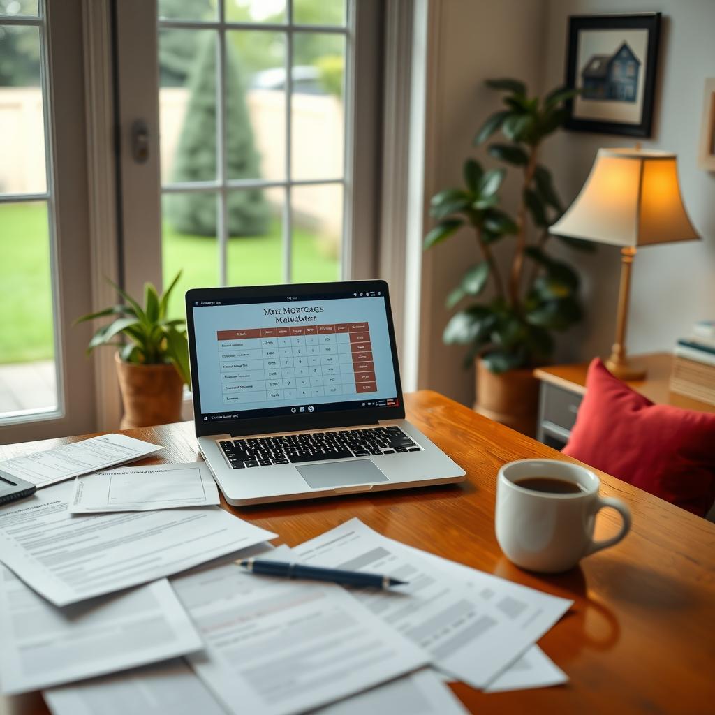 Home office with mortgage paperwork and a laptop displaying a mortgage calculator.