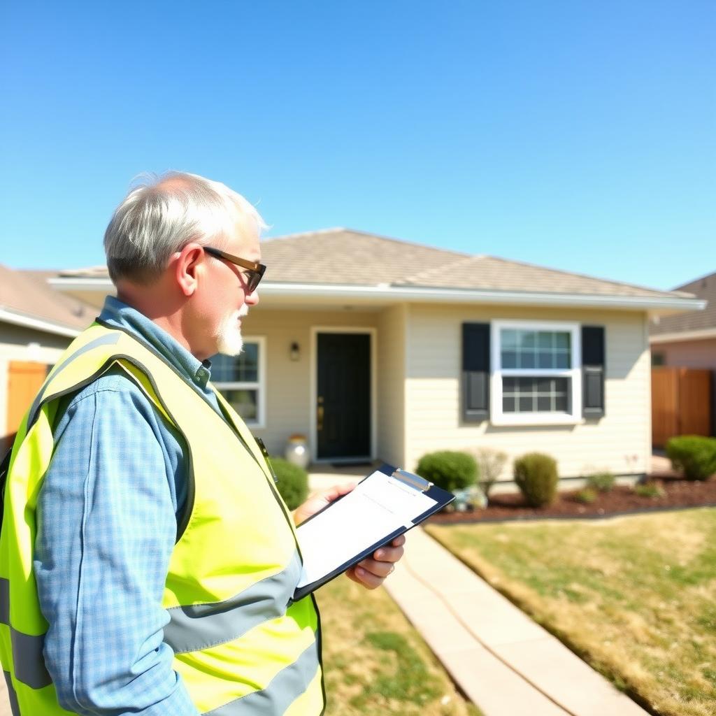 An appraiser in a safety vest inspecting a suburban home with a clipboard on a sunny day.