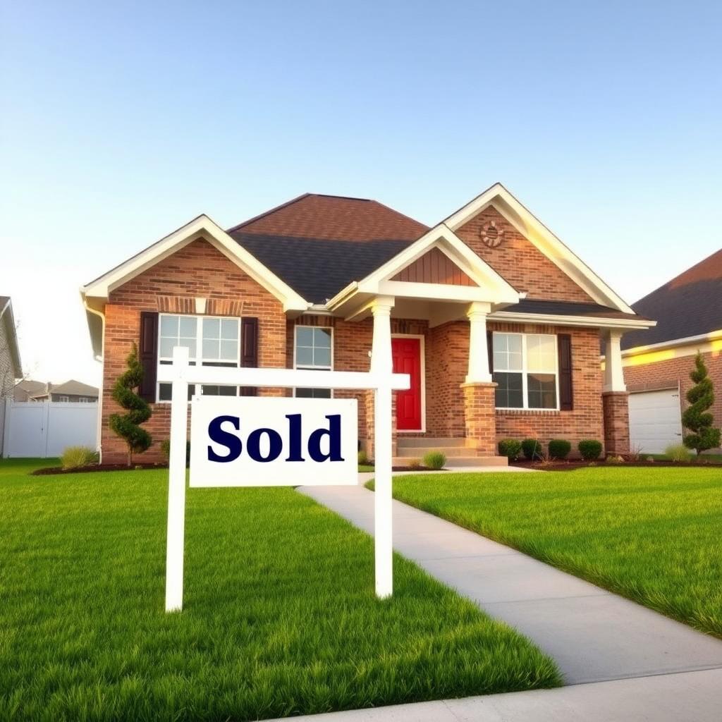 Modern suburban house with a 'Sold' sign in the front yard