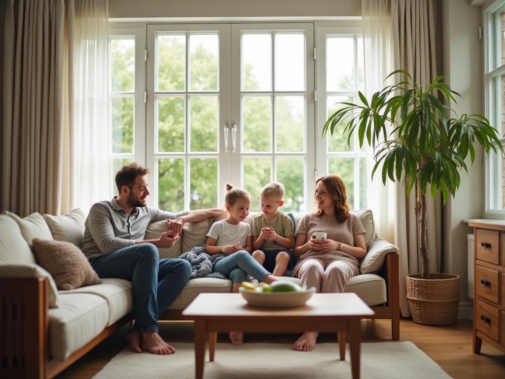 A real family enjoying their eco-friendly home, with natural light and sustainable design.