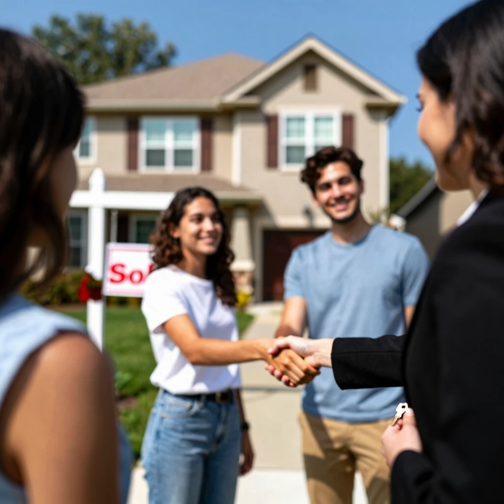 Young couple completing their first home purchase with a real estate agent