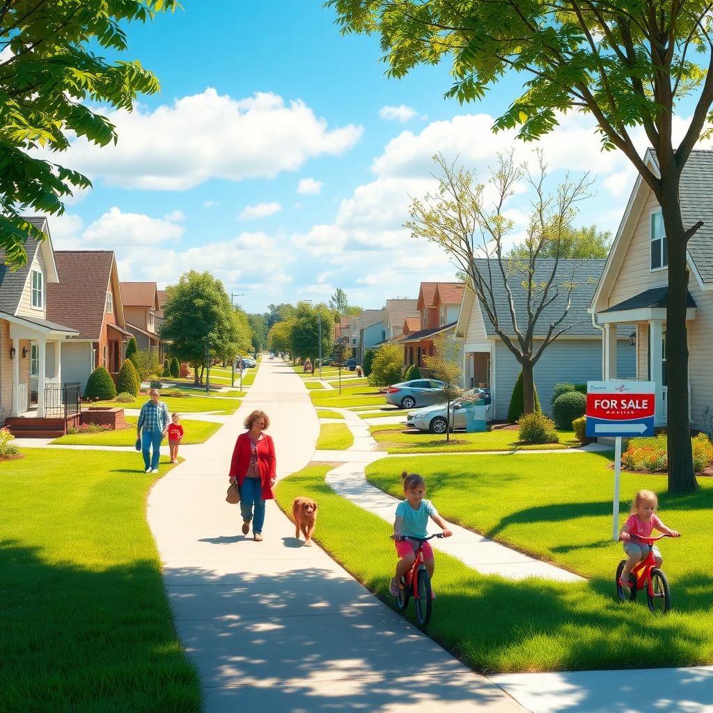 Vibrant suburban neighborhood with homes and a 'For Sale' sign