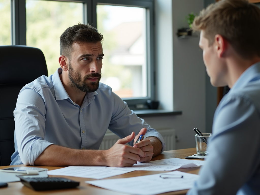 Man discussing mortgage terms with broker