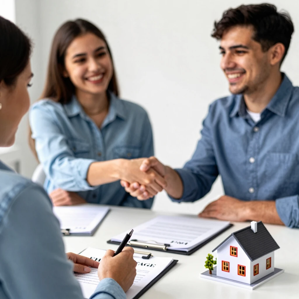 Young couple finalizing their FHA mortgage with a lender in an office setting