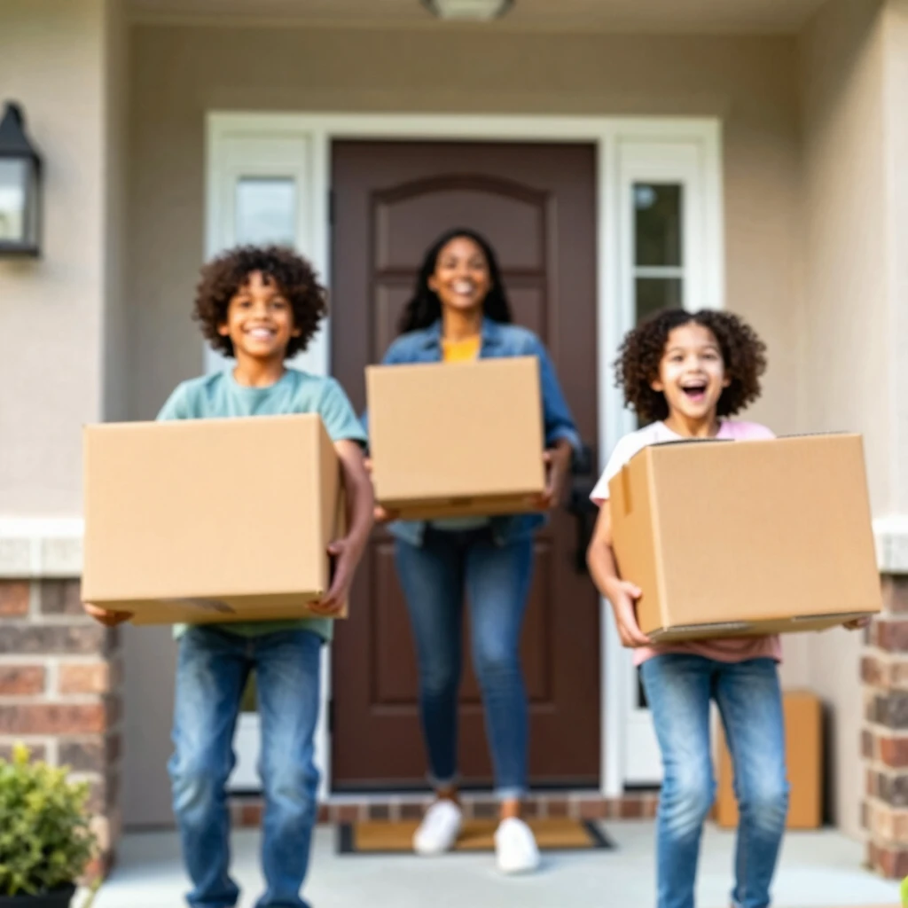 Happy family moving into their new home after successful FHA mortgage