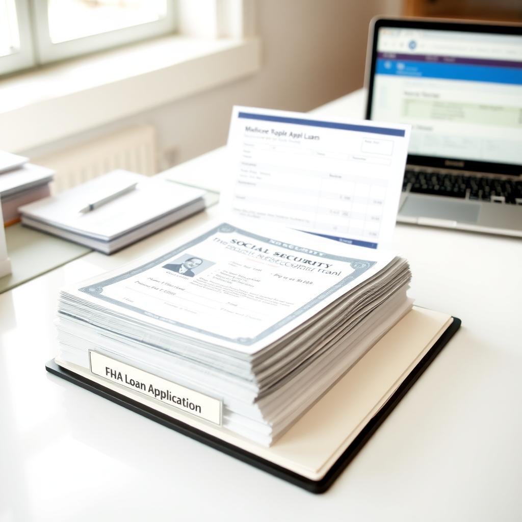 Organized desk with FHA loan documents, including Social Security card and pay stubs, in a bright room.