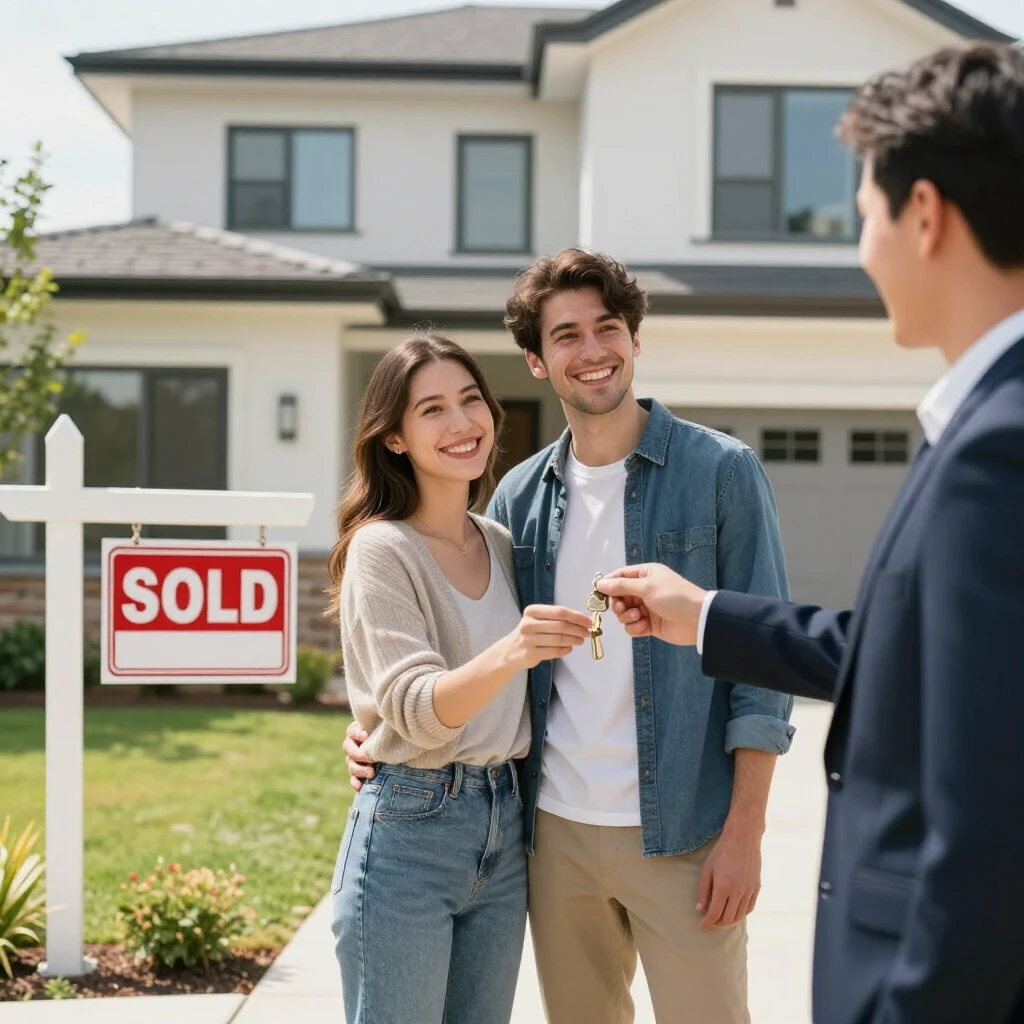 Happy couple receiving keys to their new home