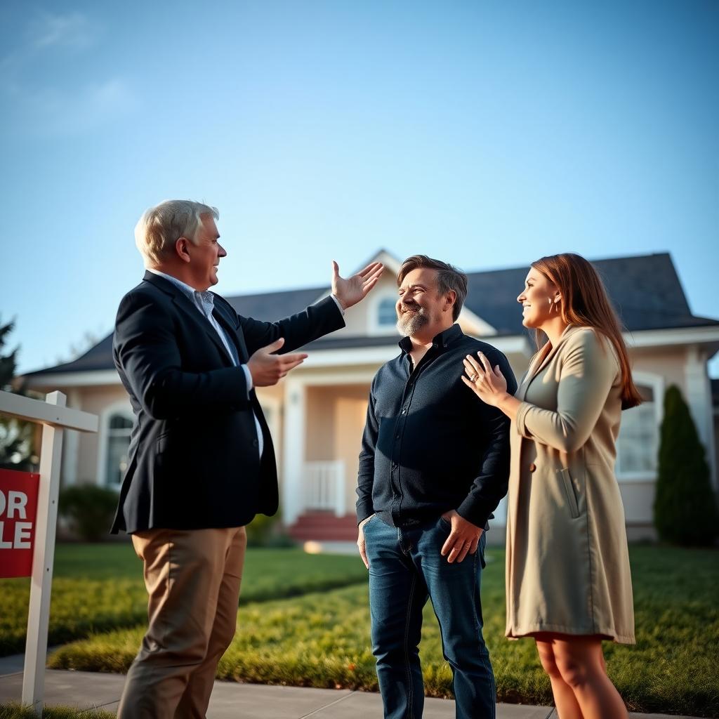 Real estate agent guiding first-time homebuyers through a property.