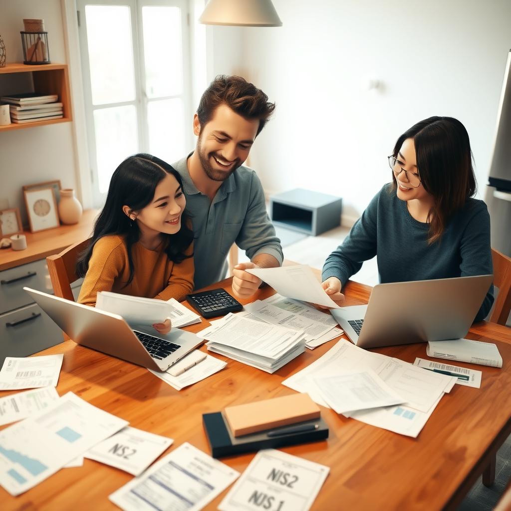 Young couple calculating their debt-to-income ratio at a kitchen table with documents and a laptop