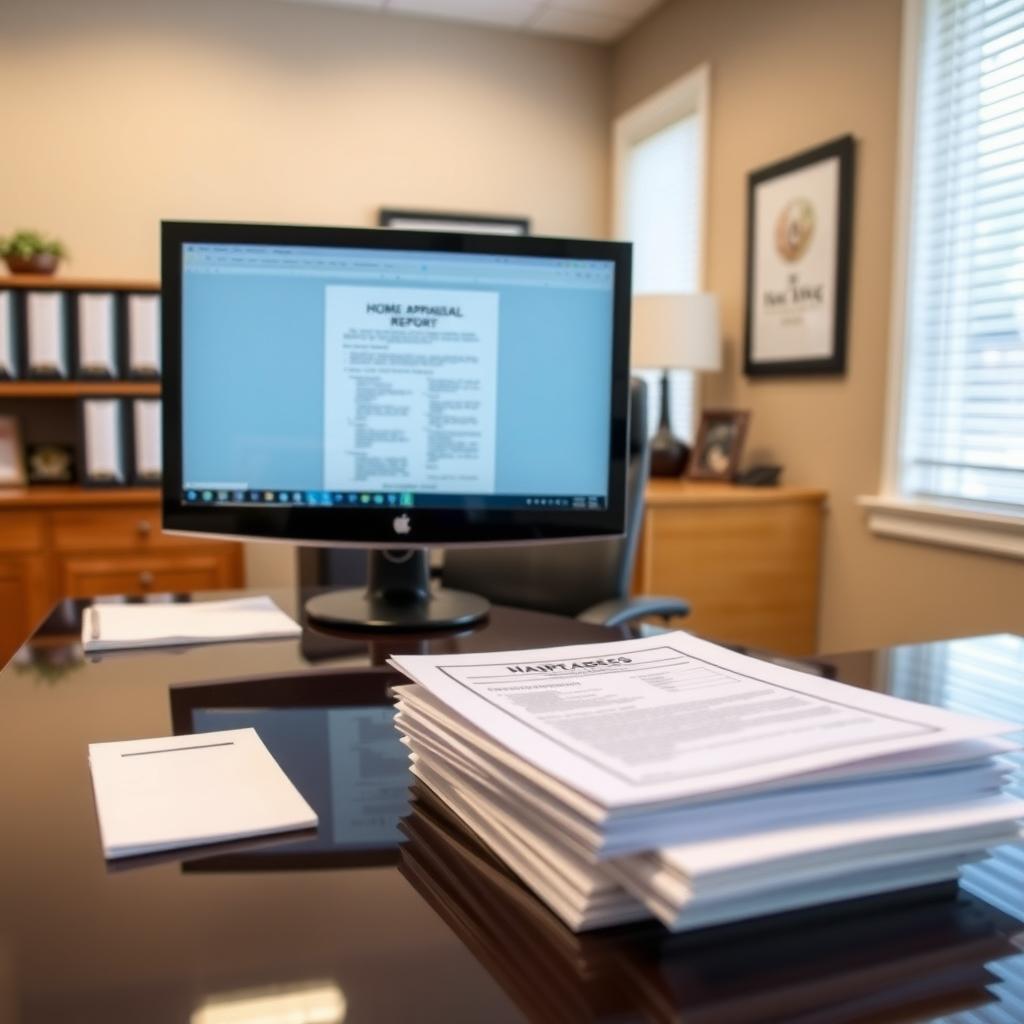 Mortgage lender’s office with a home appraisal report on a computer screen.