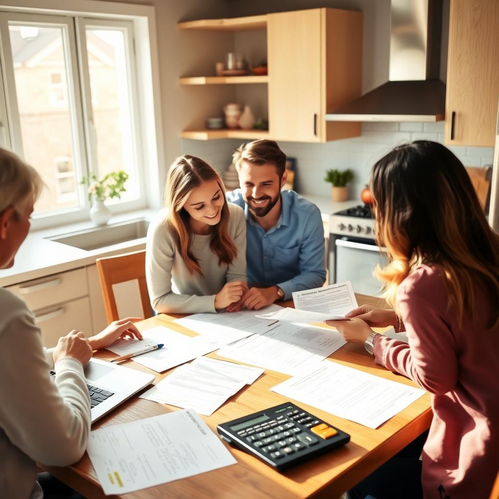 Young couple reviewing FHA mortgage documents with a lender in a cozy kitchen