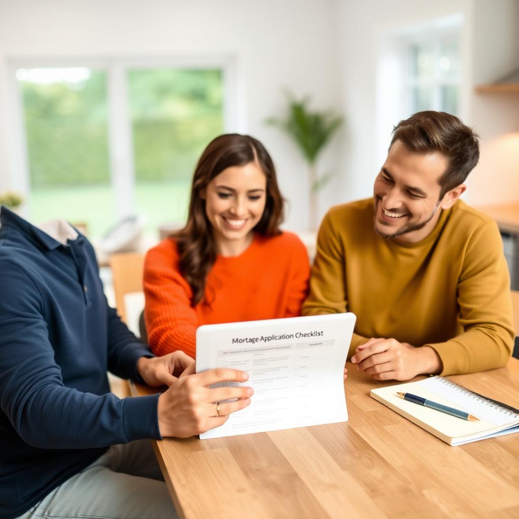 Couple reviewing mortgage application checklist on a tablet in a modern kitchen.