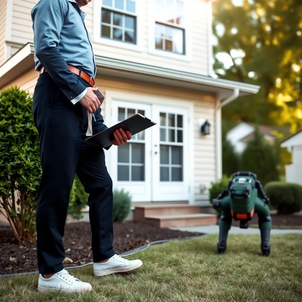 Professional appraiser inspecting the foundation of a two-story home with a clipboard.