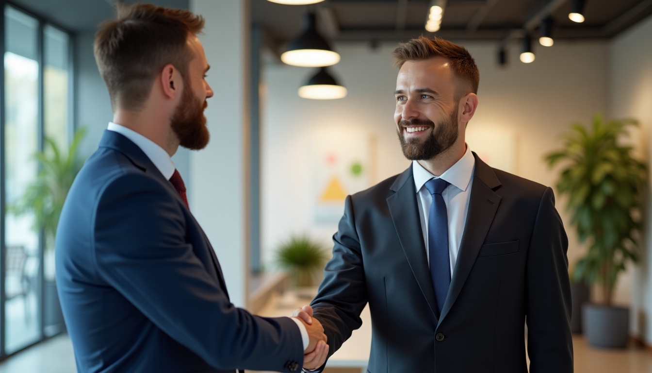 A handshake between a banker and a client, symbolizing a successful mortgage application process.