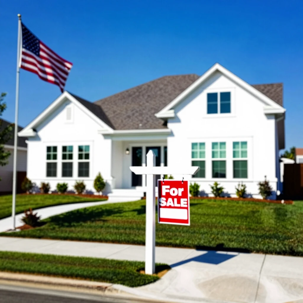 Modern suburban home for sale with American flag