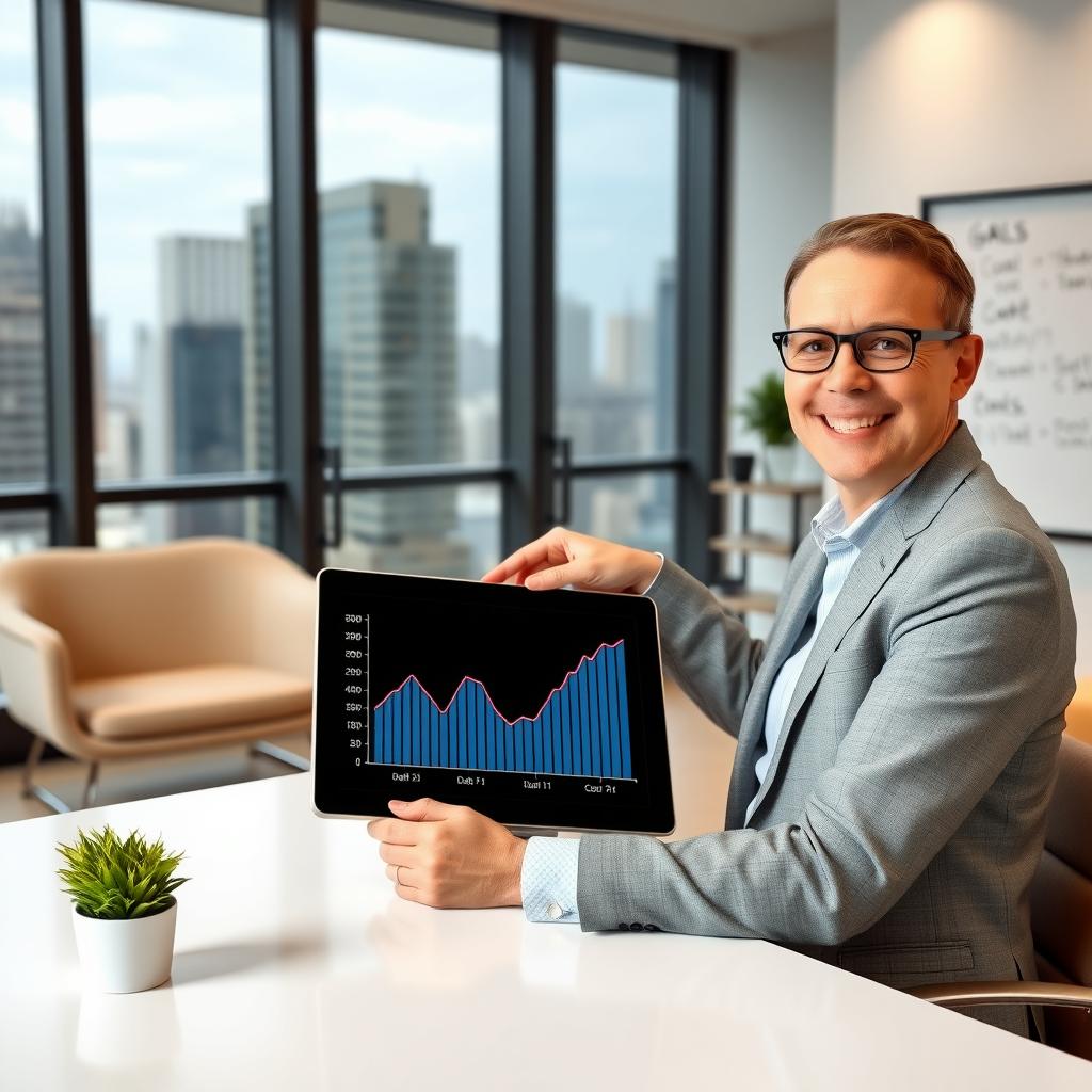 Financial advisor in a modern office showing a client a chart of improving debt-to-income ratio on a tablet, with a city view in the background.