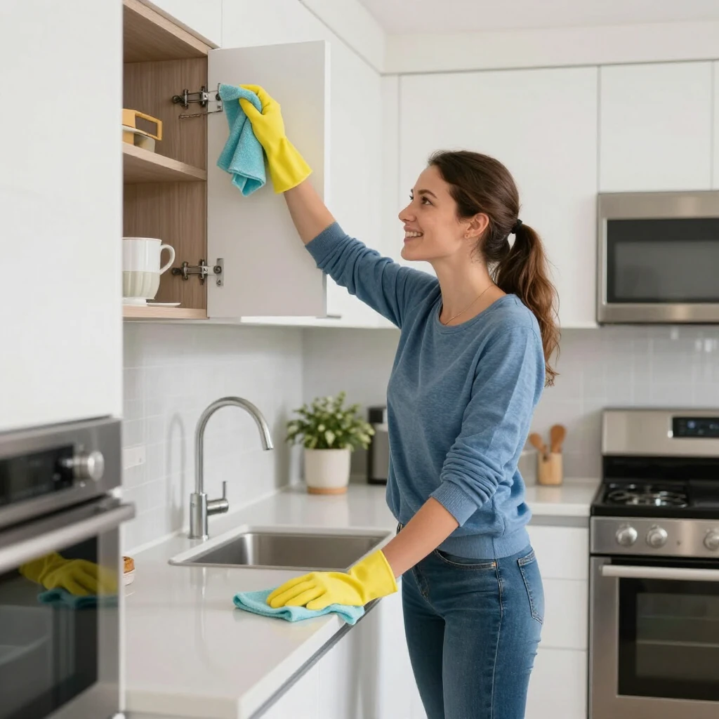 Homeowner cleaning and decluttering a bright kitchen interior before appraisal