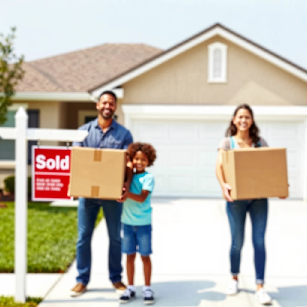 Happy diverse family moving into their new home with boxes