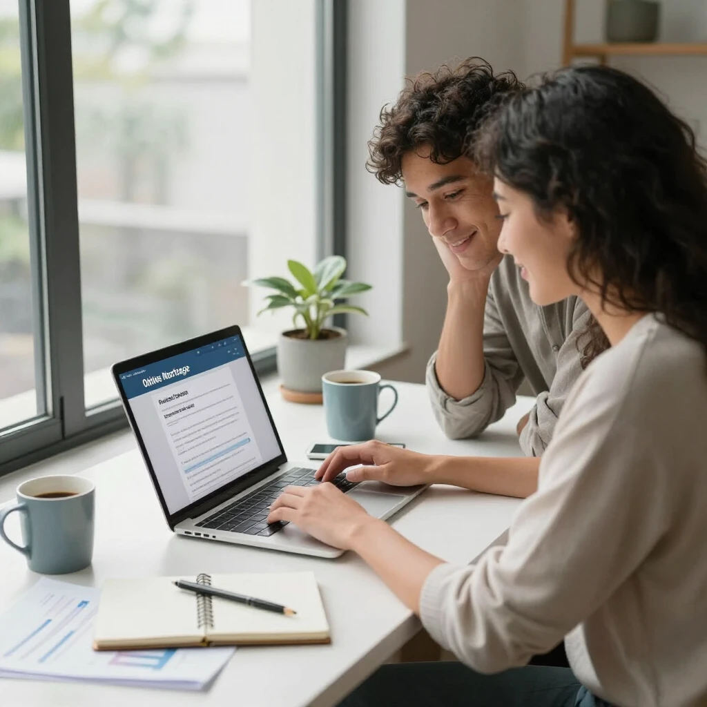 Couple filling out an online mortgage application on a laptop at home