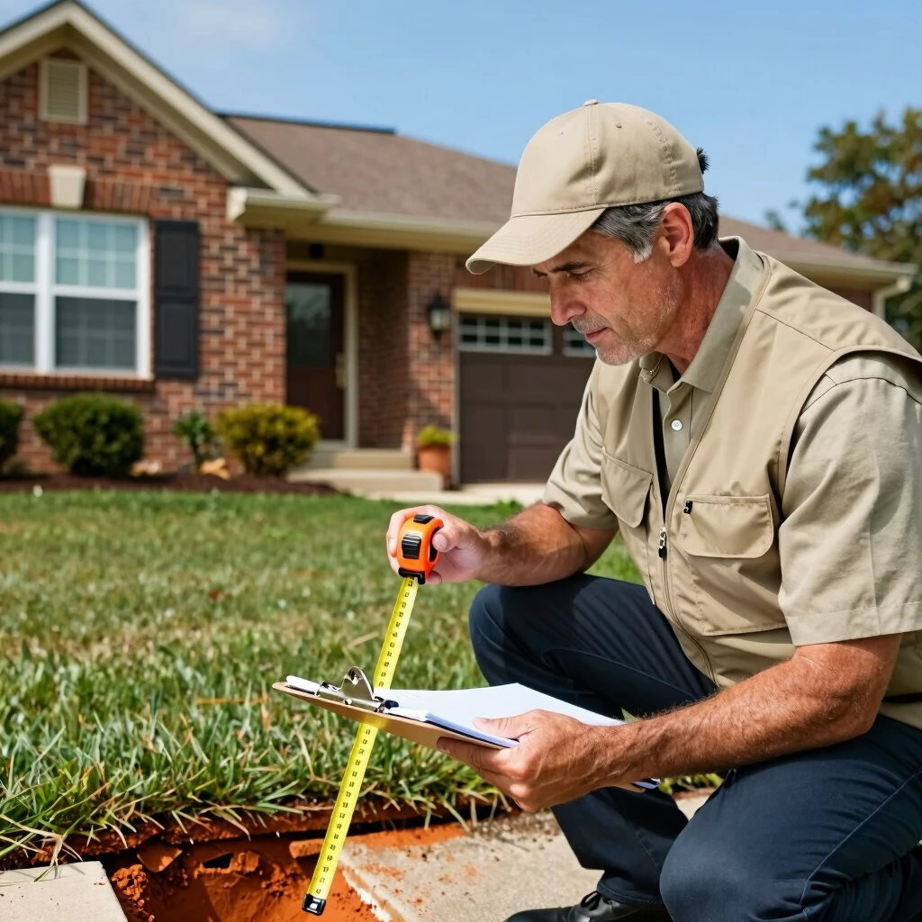 Appraiser examining the foundation of a home during FHA evaluation