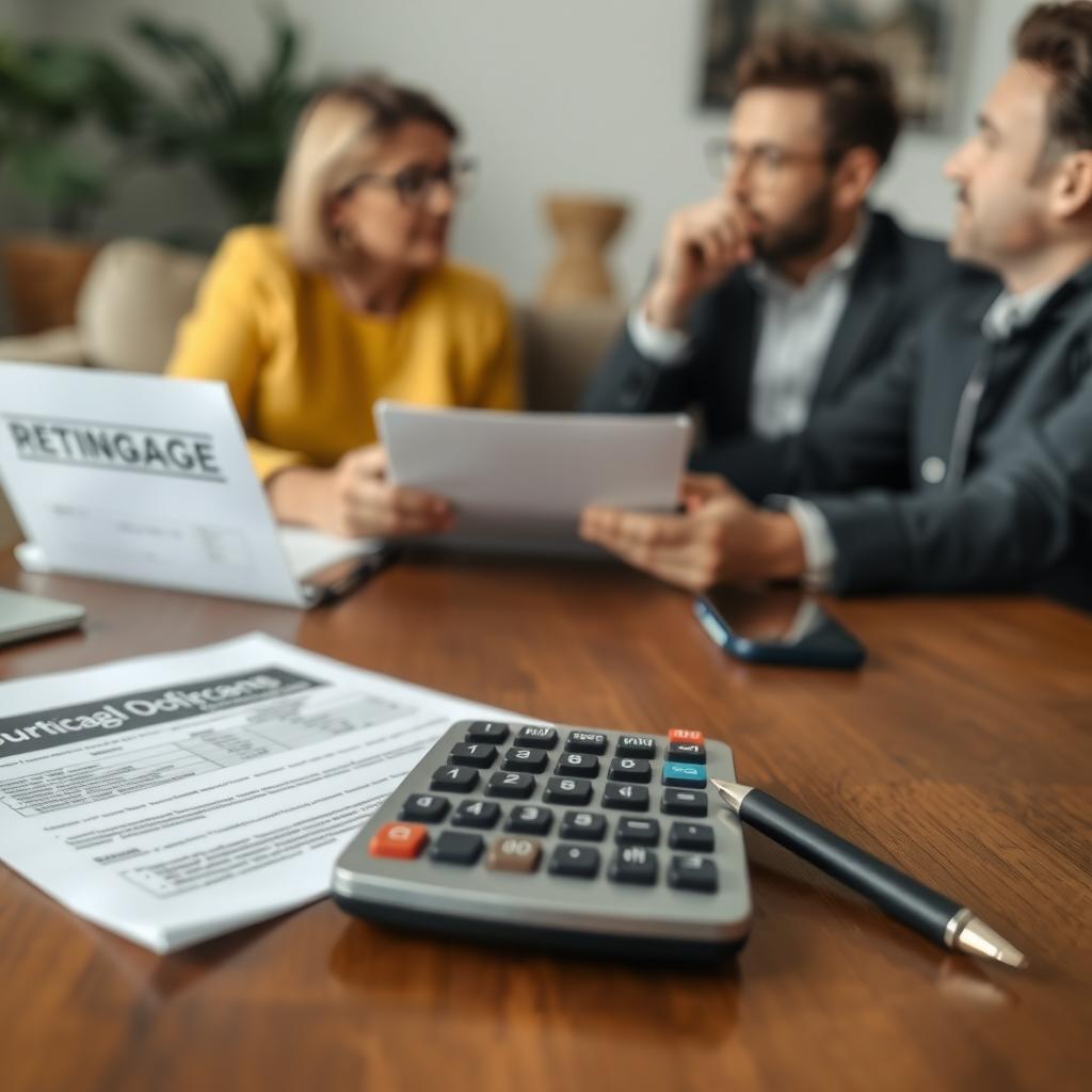 Couple reviewing mortgage documents with a lender in an office.