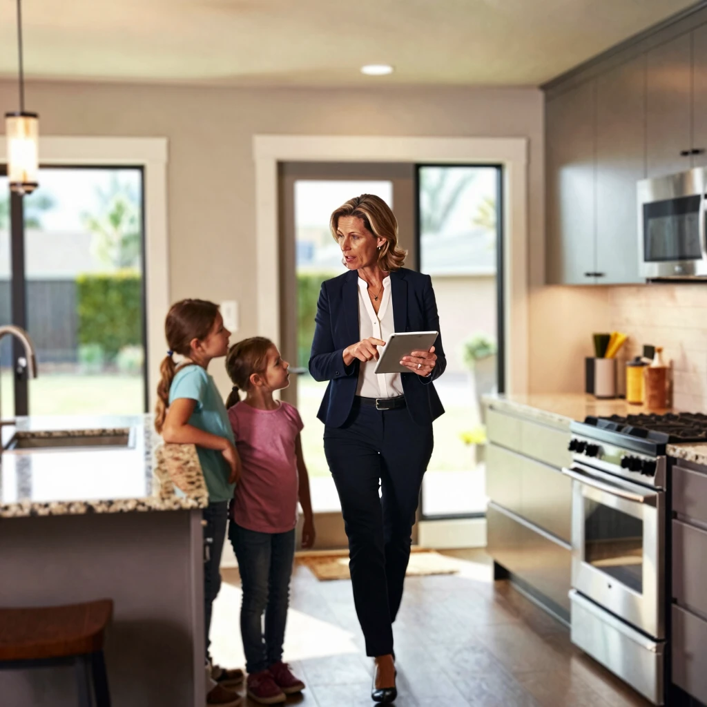 Real estate agent touring home with family
