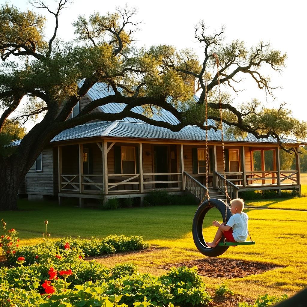 A Texas farmhouse with a vegetable garden and children playing on a tire swing.