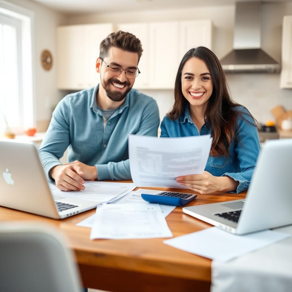 Couple reviewing financial documents at a kitchen table.