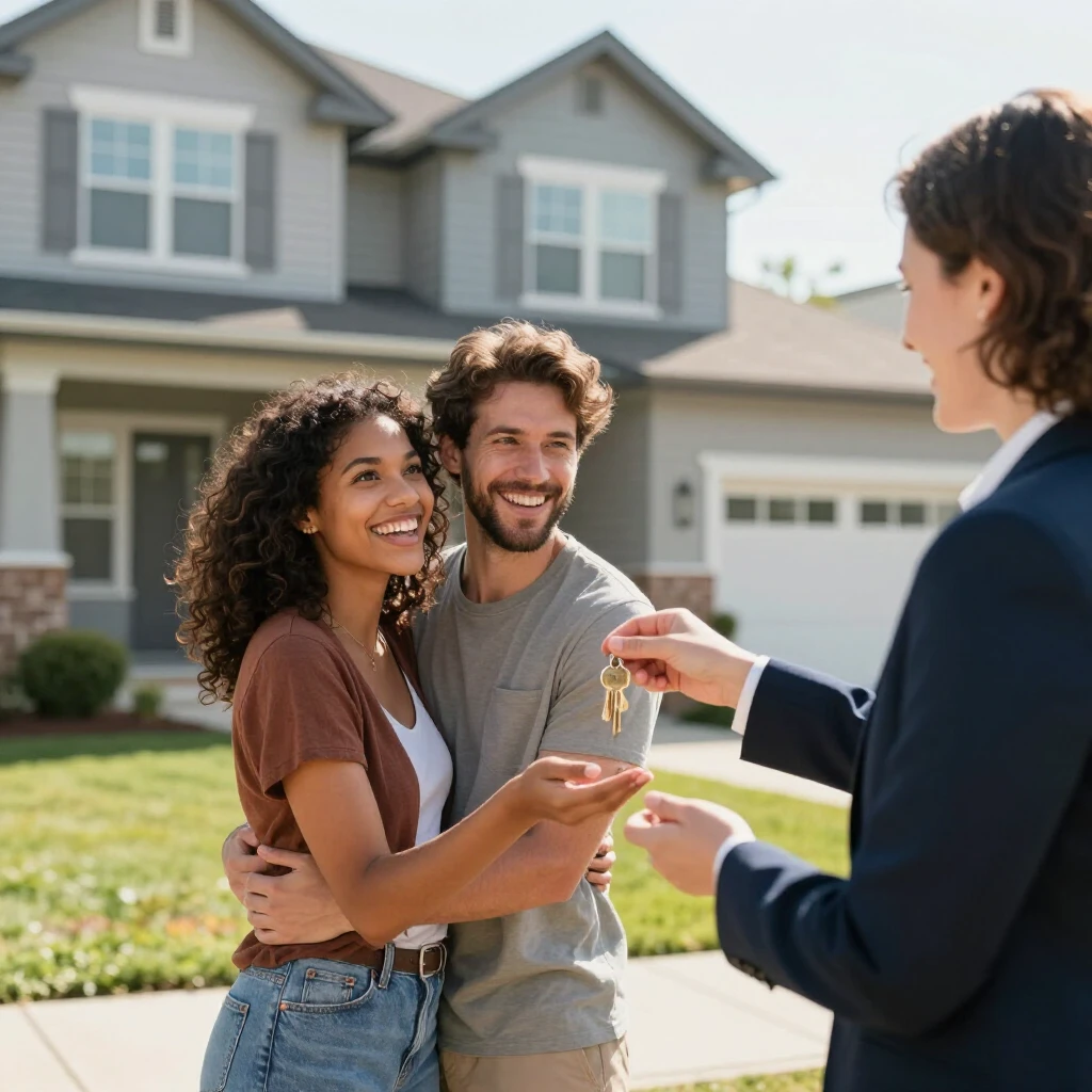 Happy first-time homebuyers receiving keys to their new home