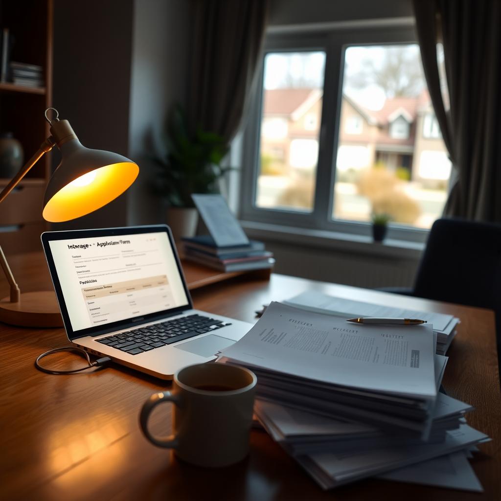 Cozy home office with a laptop and financial documents for a mortgage application