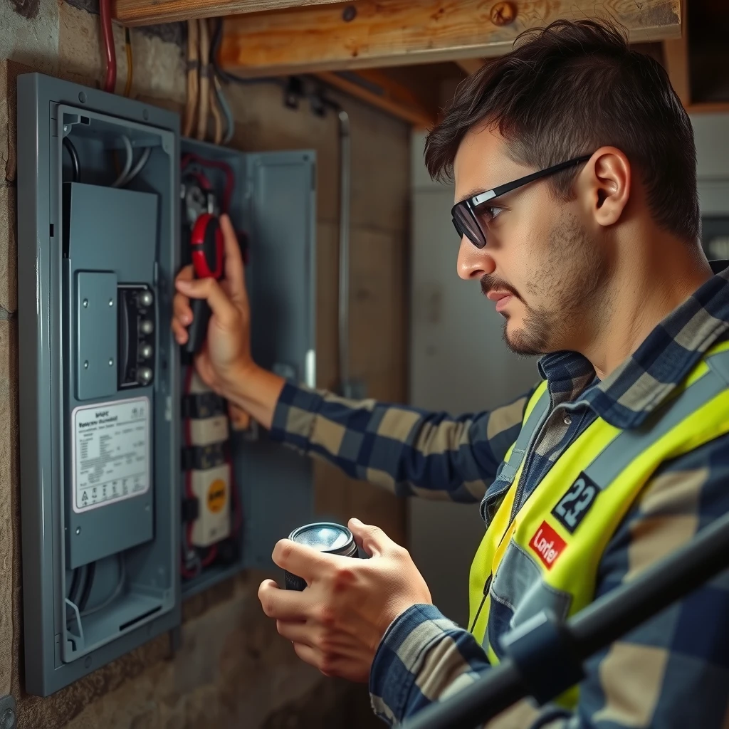Home inspector checking electrical panel and foundation
